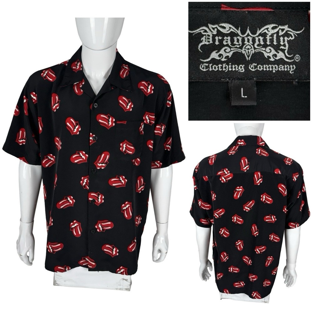 Rolling Stones Lips Button Up Rare Shirt by Dragonfly Clothing Large Vintage